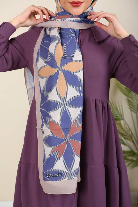 İthal Desenli Medine İpeği Şal Lotus Serisi Indigo - 4
